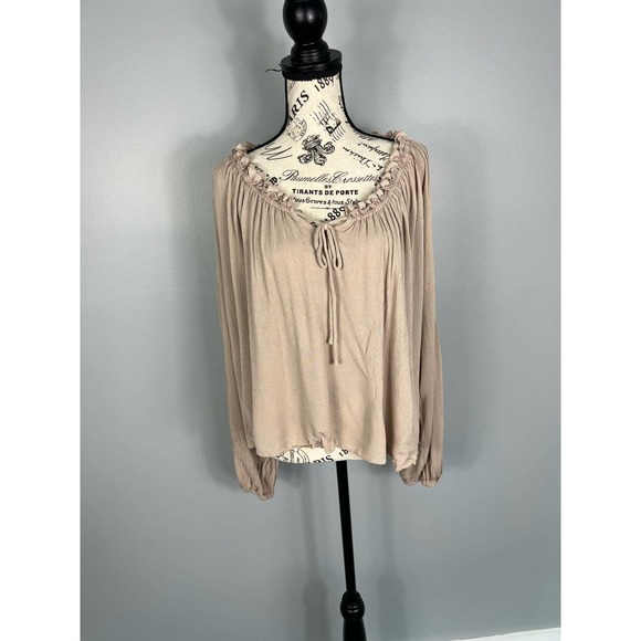 NWOT ruffle collar long sleeve tan on/ off the shoulder blouse with tie detail - Picture 1 of 11